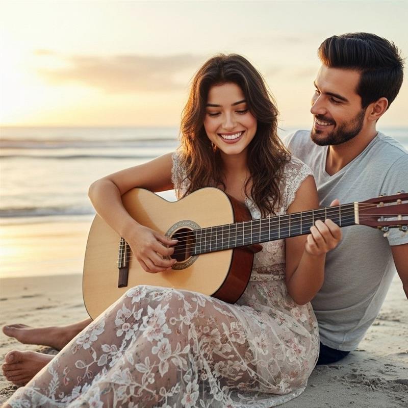 Young couple on beach playing guitar. Eyedope calls this a dopemoment.