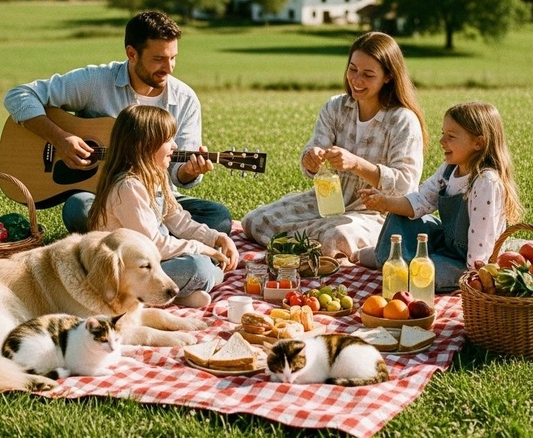 Family enjoying a picnic. Dad is playing a guitar. Eyedope calls this a dopemoment.